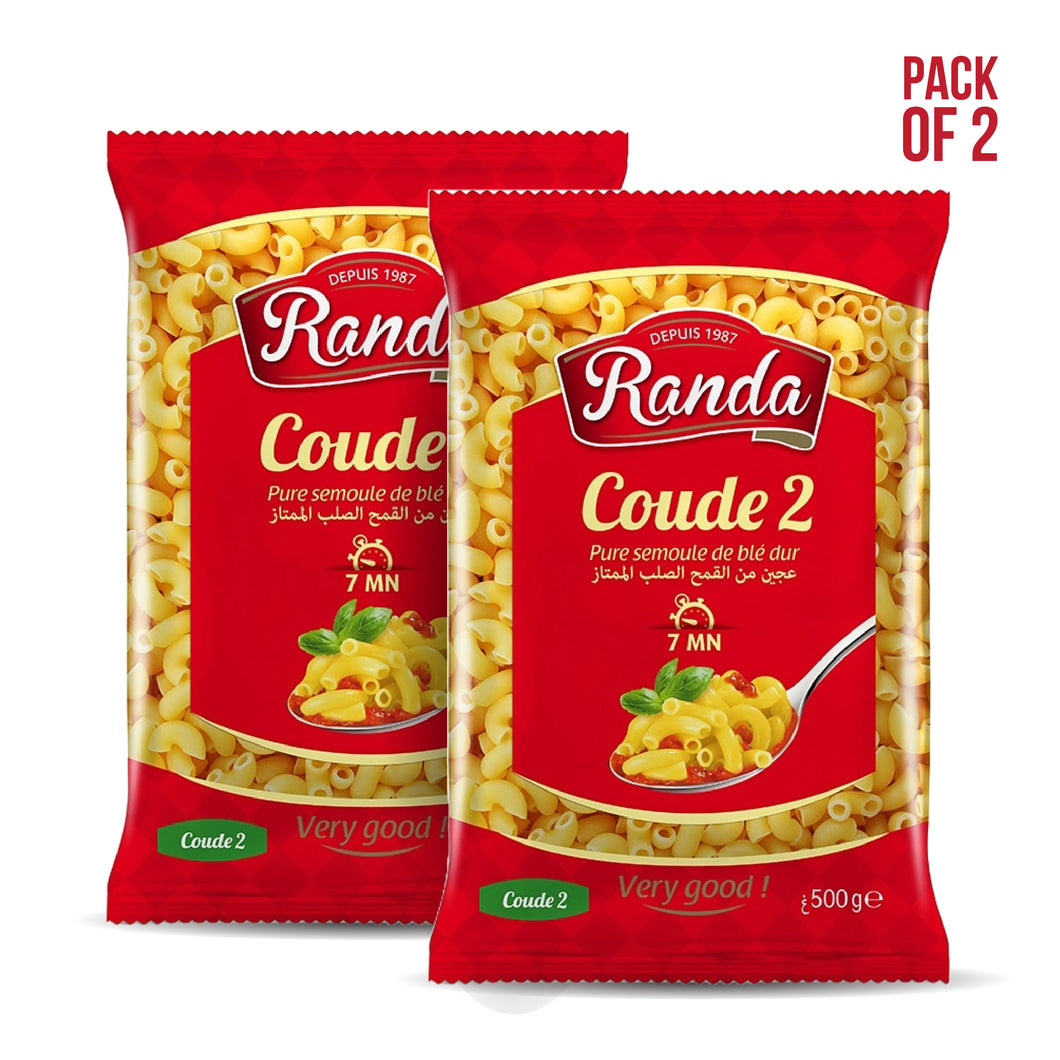 Lot de 2 – Pâtes Coude 2 Randa – Semoule de Blé Dur 500g | 2-Pack Pure Durum Wheat Randa Pasta 500g