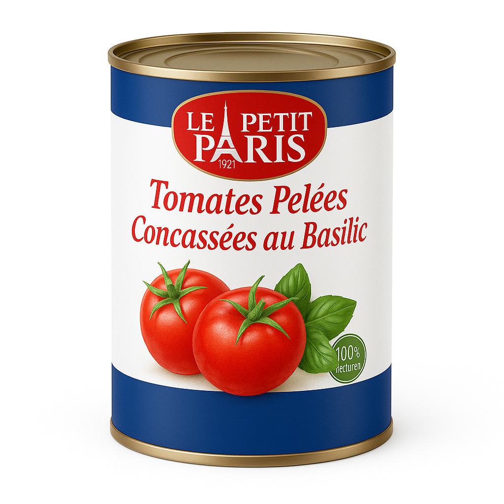 Tomates Pelées Concassées au Basilic Le Petit Paris – 400g | Crushed Peeled Tomatoes with Basil Le Petit Paris – 400g